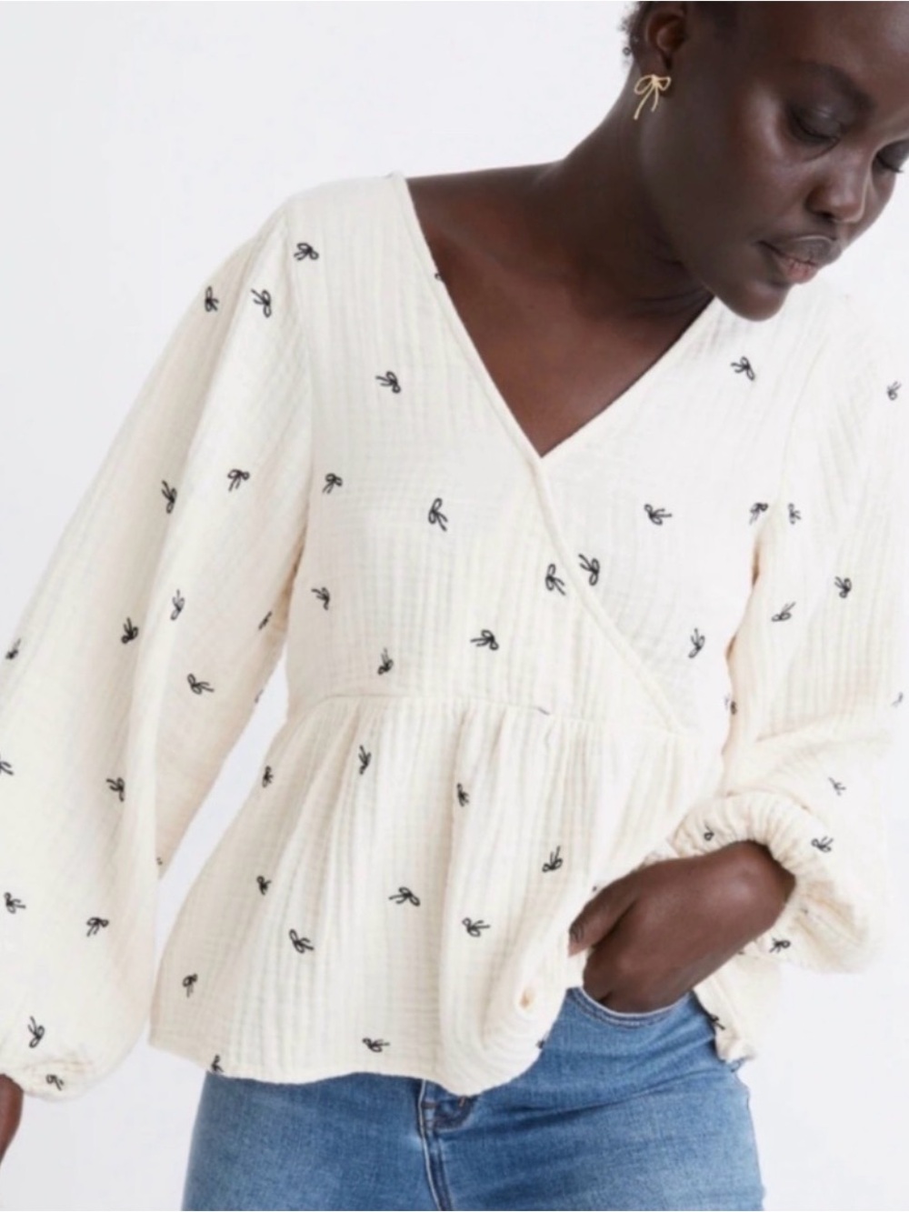 Madewell Tiny Bows Peplum Faux Wrap Top Large